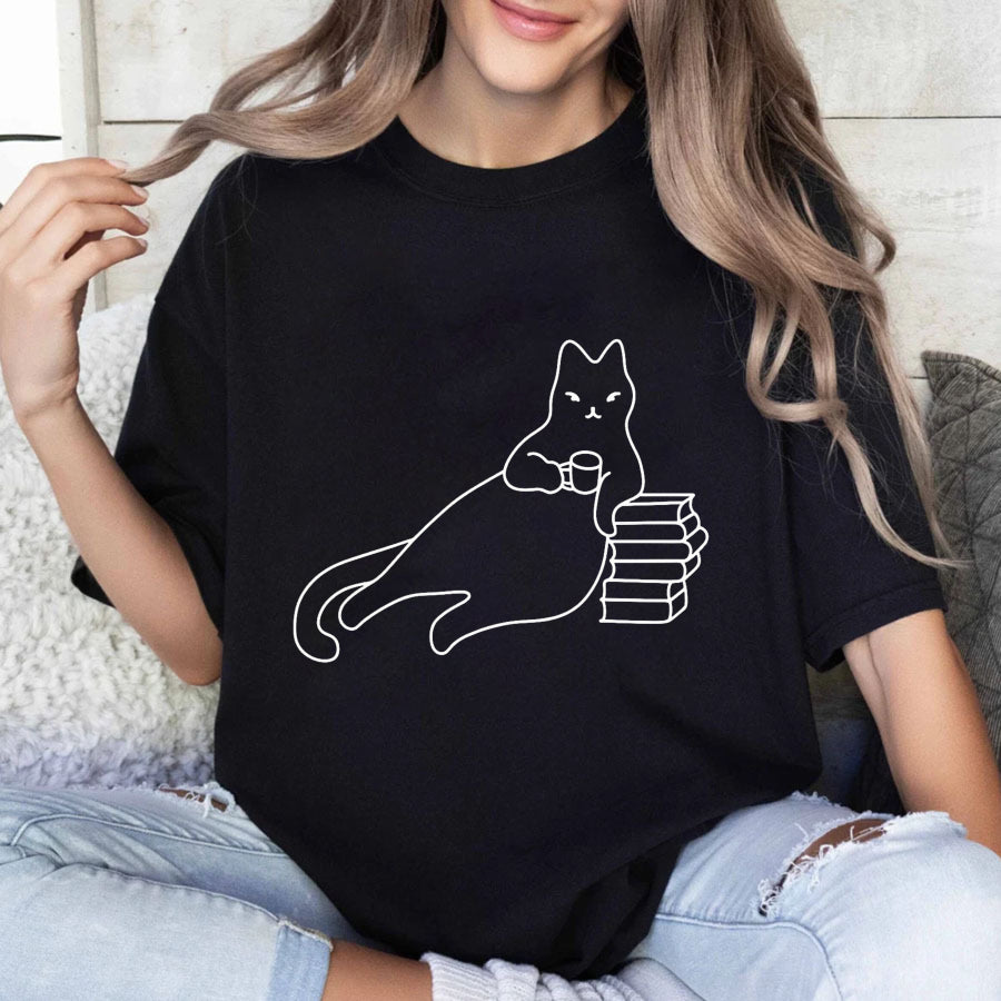 Wardrobecart Cat Holding Book Stack With Coffee Cup Unisex Classic T-shirt