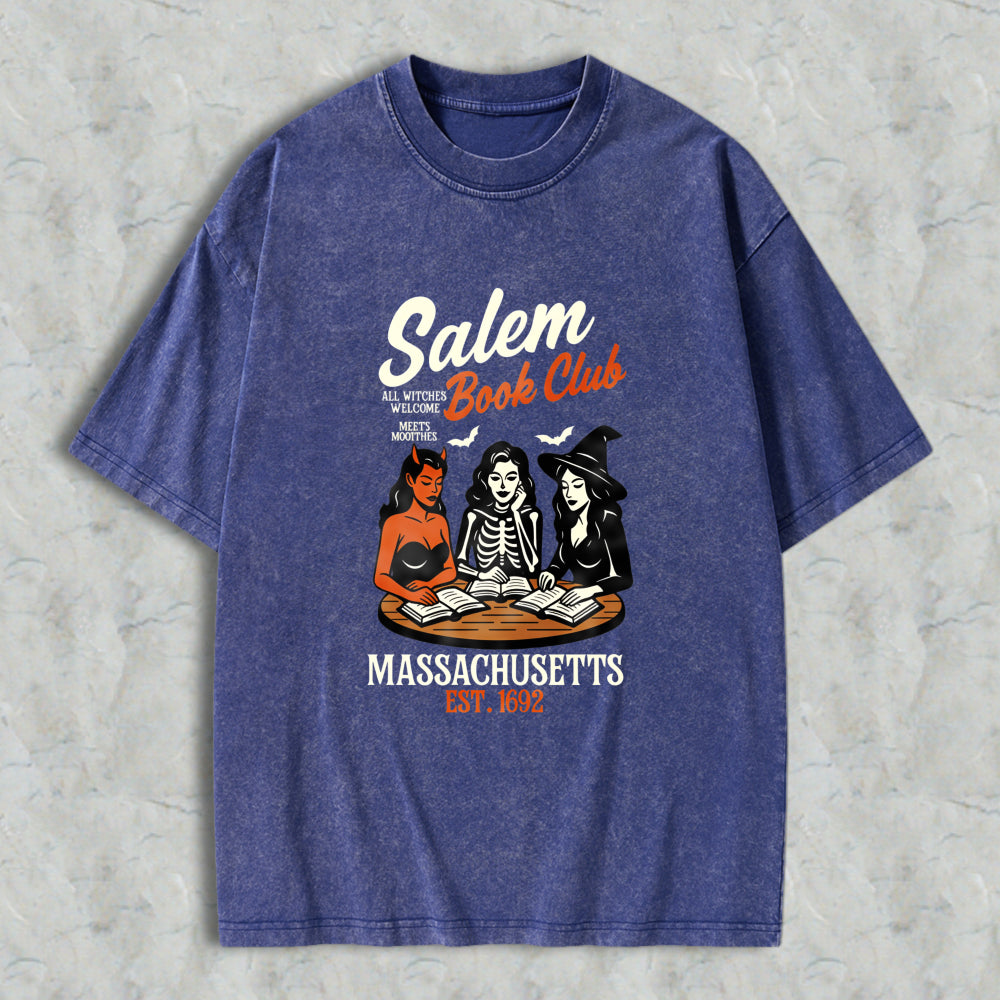 Wardrobecart Salem Book Club Massachusetts Est 1692 Witch Reading Books Vintage Horror Theme Unisex Washed T-shirt