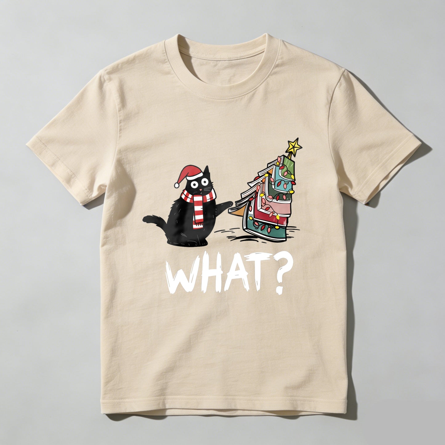 Wardrobecart Cat Wearing Santa Hat And Scarf   Christmas Tree Made Of Books   What Question Mark Below Unisex Classic T-shirt