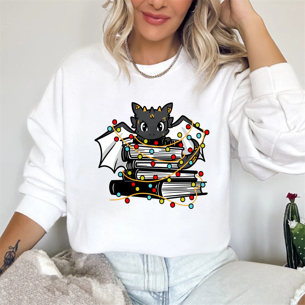 Wardrobecart Dragon On Books With Christmas Lights Unisex Classic Sweatshirt