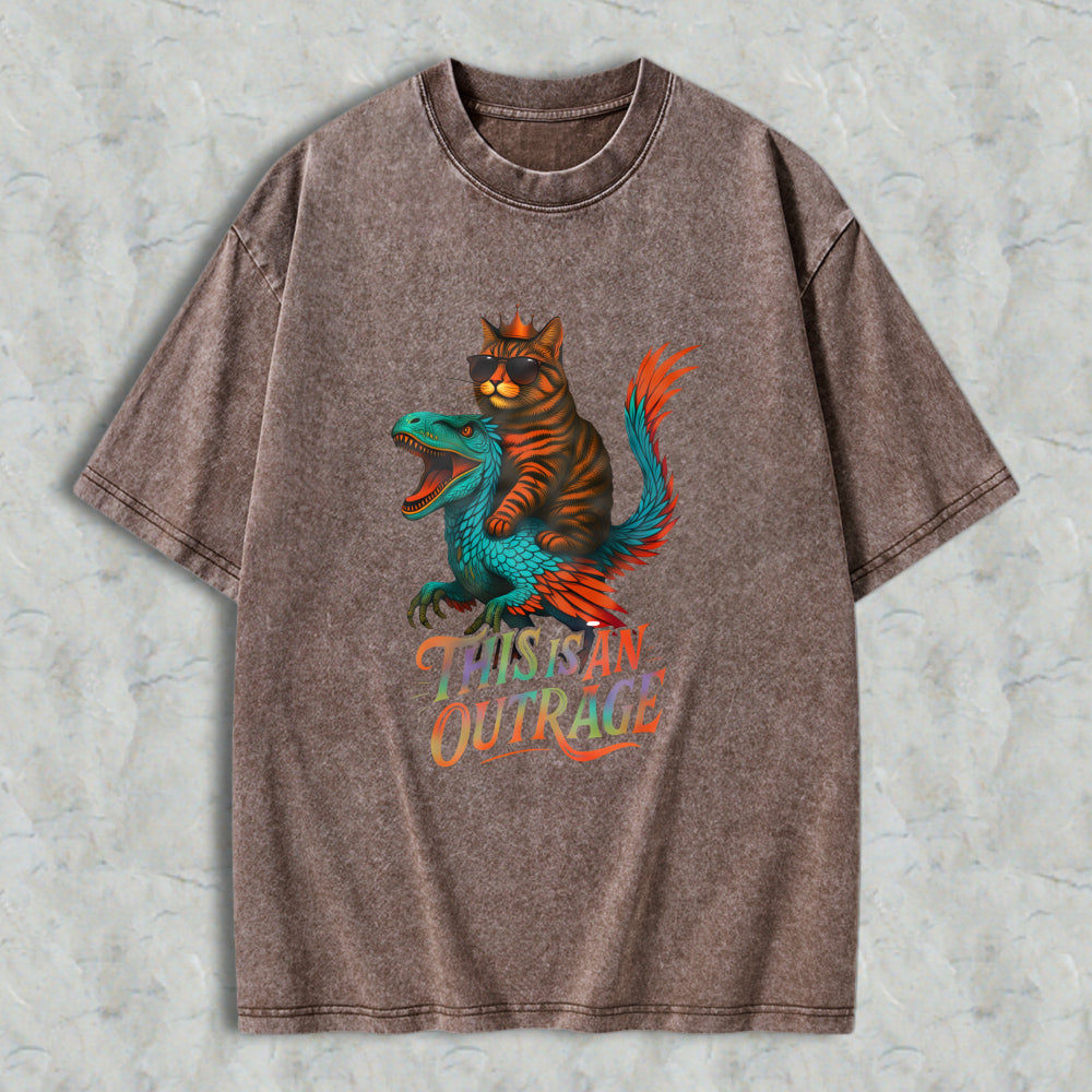 Wardrobecart Cat Riding Dragon This Is An Outrage Unisex Washed T-shirt