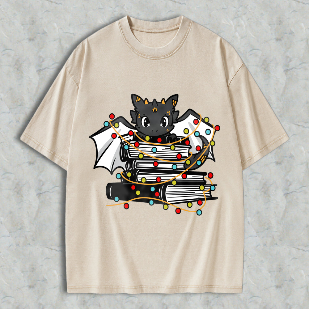 Wardrobecart Cute Bat With Books And Christmas Lights Unisex Washed T-shirt