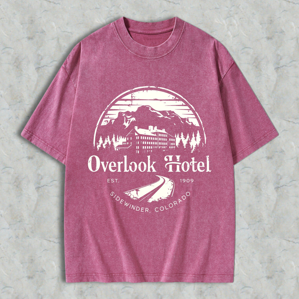 Wardrobecart Overlook Hotel Mountain Scene With Trees And Building Design Unisex Washed T-shirt