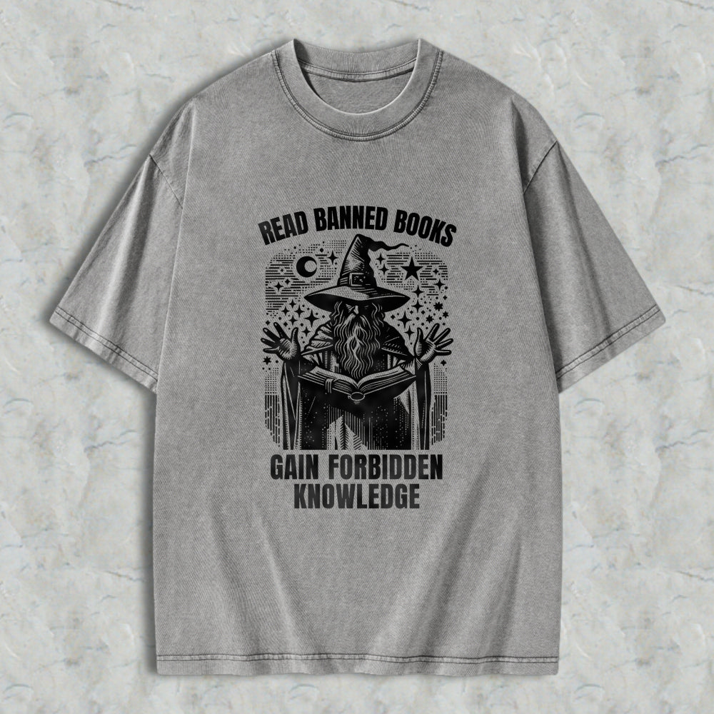 Wardrobecart Read Banned Books Gain Forbidden Knowledge Wizard With Open Book And Stars Unisex Washed T-shirt
