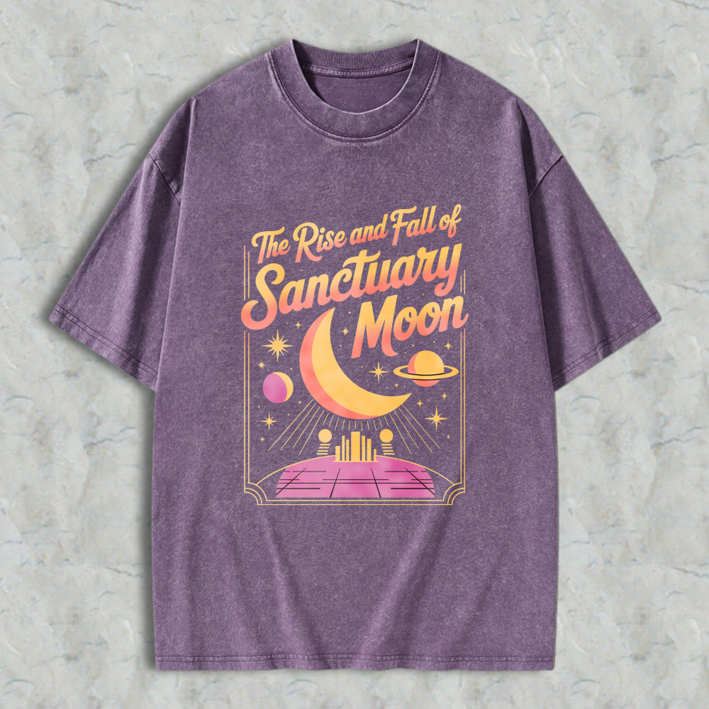 Wardrobecart The Rise And Fall Of Sanctuary Moon Cosmic Scene With Crescent Moon Planets And Futuristic Platform Unisex Washed T-shirt
