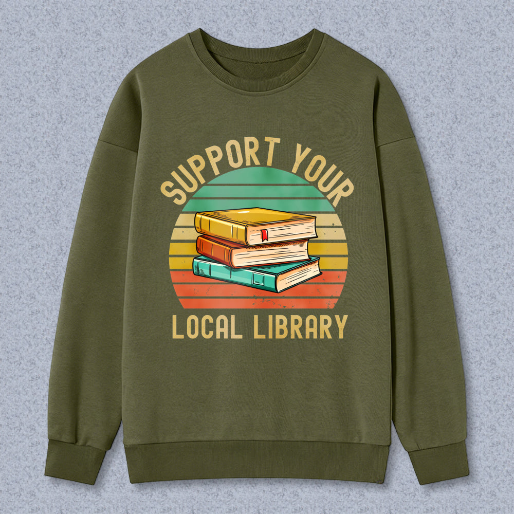 Wardrobecart Support Your Local Library Books Stack Vintage Sunburst Design Unisex Classic Sweatshirt