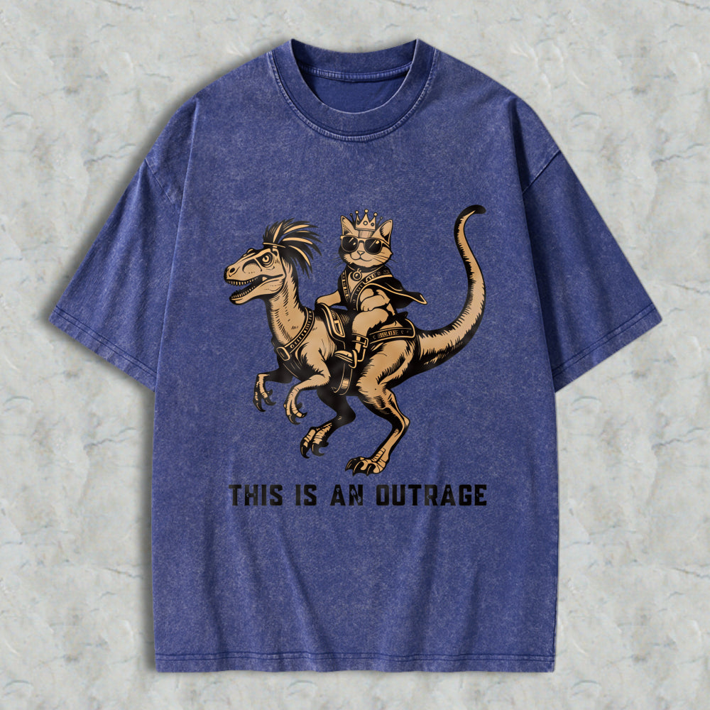 Wardrobecart Cat King Riding Dinosaur With Crown And Sunglasses Unisex Washed T-shirt