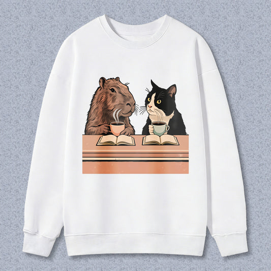 Wardrobecart Capybara And Cat Reading Books With Tea Unisex Classic Sweatshirt