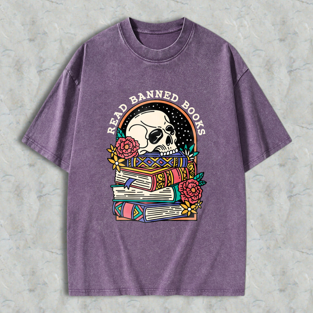 Wardrobecart Skull And Books With Flowers Read Banned Books Unisex Washed T-shirt