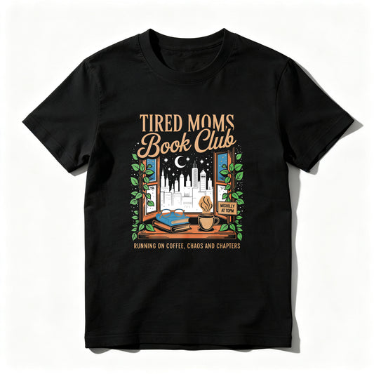 Wardrobecart Tired Moms Book Club Window Scene Coffee Cup Books Cityscape Moon Stars Leaves Unisex Classic T-shirt