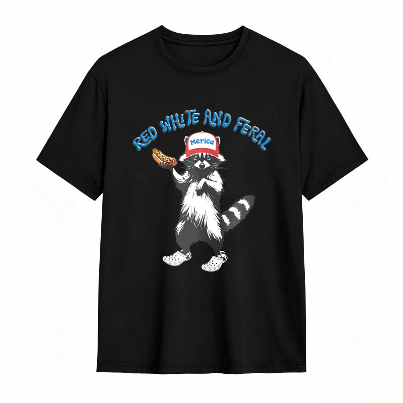 USA Red White Feral Racoon Vintage Hot Dog Party America Patriotic Racoon Tshirt