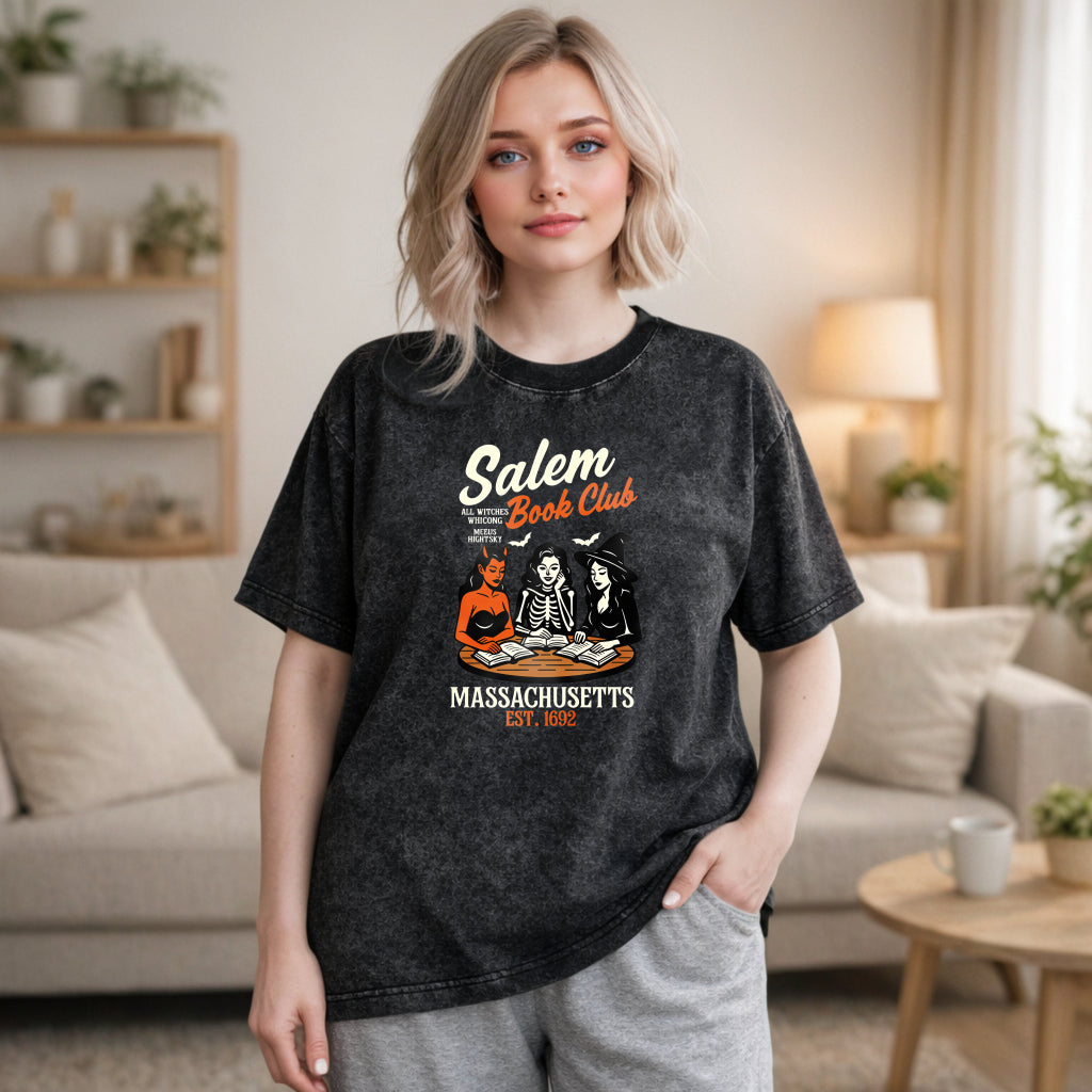 Wardrobecart Salem Book Club Witch Reading Books Massachusetts Est 1692 Unisex Washed T-shirt