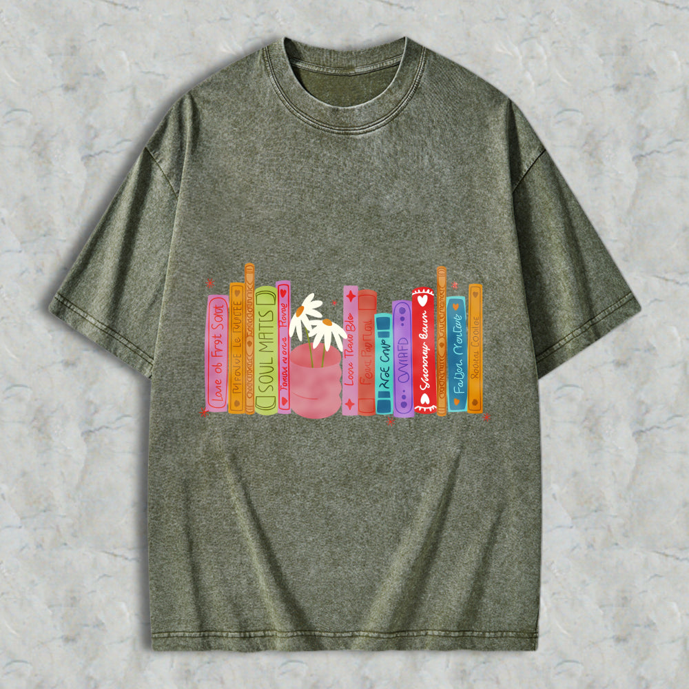 Wardrobecart Colorful Bookshelf With Potted Plant And Book Titles Unisex Washed T-shirt