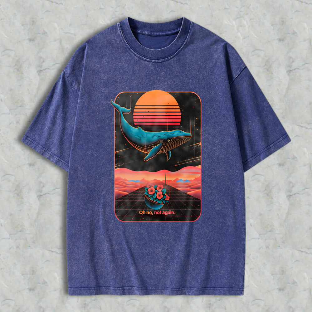 Wardrobecart Whale Sunset Landscape With Flowers And Text Oh No Not Again Unisex Washed T-shirt