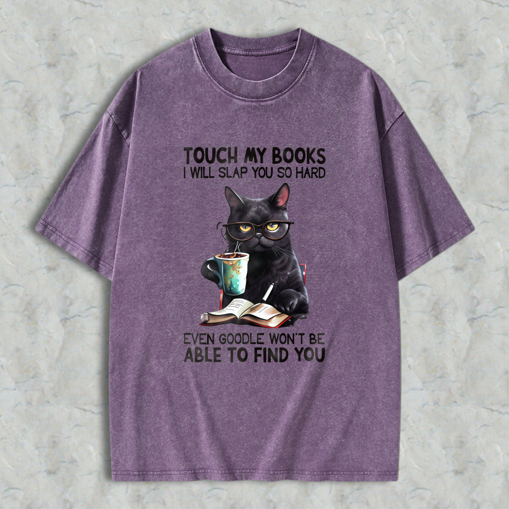 Wardrobecart Black Cat With Glasses Reading Book And Coffee Cup Unisex Washed T-shirt