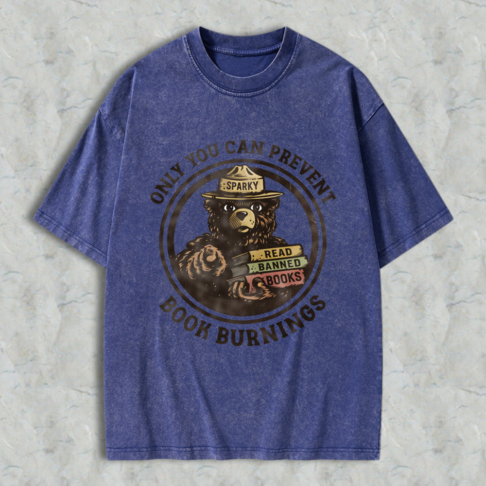 Wardrobecart Bear Reading Banned Books Sparky Ranger Hat Only You Can Prevent Book Burning Unisex Washed T-shirt