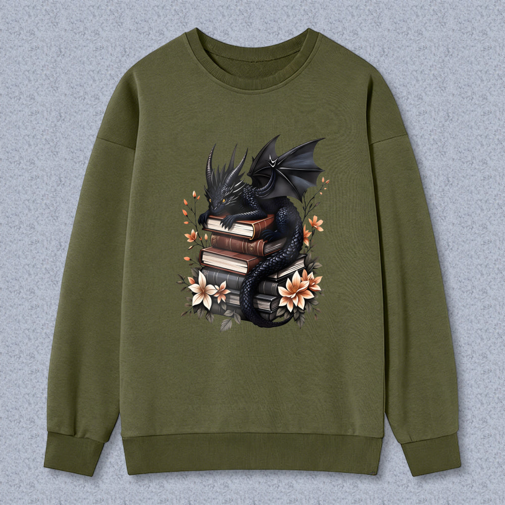 Wardrobecart Dragon And Books With Flowers Unisex Classic Sweatshirt