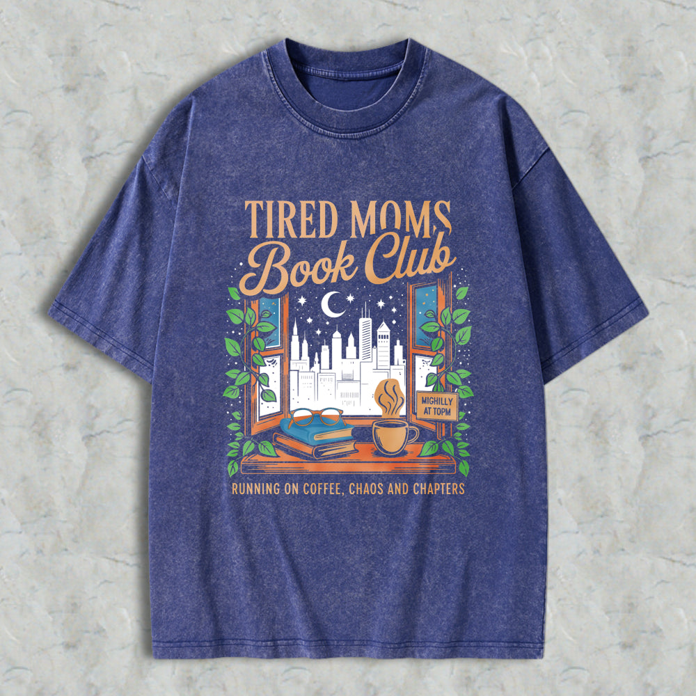 Wardrobecart Tired Moms Book Club Window Scene With Books Coffee And City View Unisex Washed T-shirt
