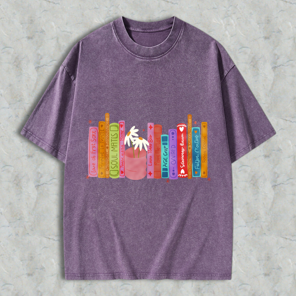 Wardrobecart Colorful Bookshelf With Potted Plant And Book Titles Unisex Washed T-shirt