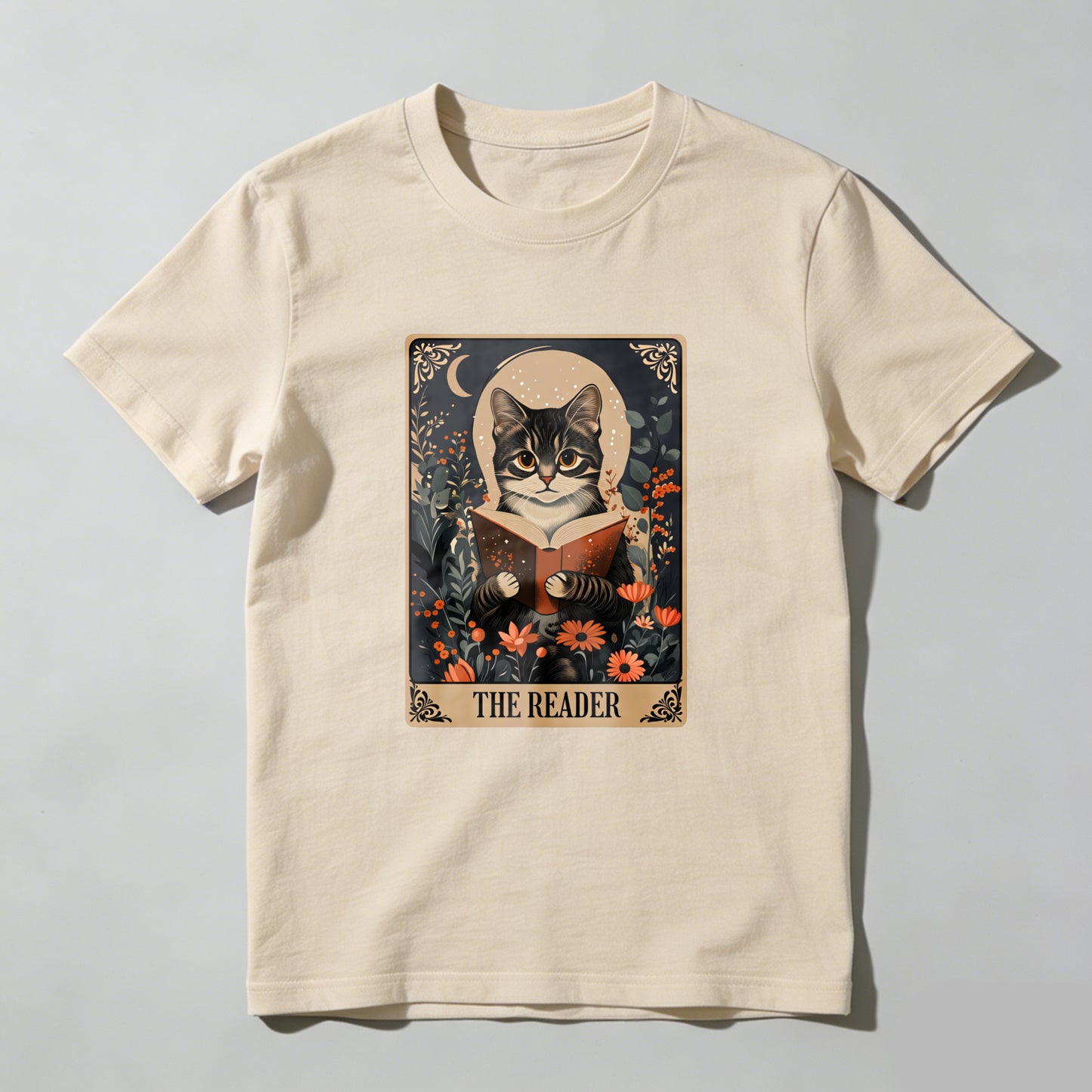 Wardrobecart Cat Reading Book Floral Moon Design Unisex Classic T-shirt