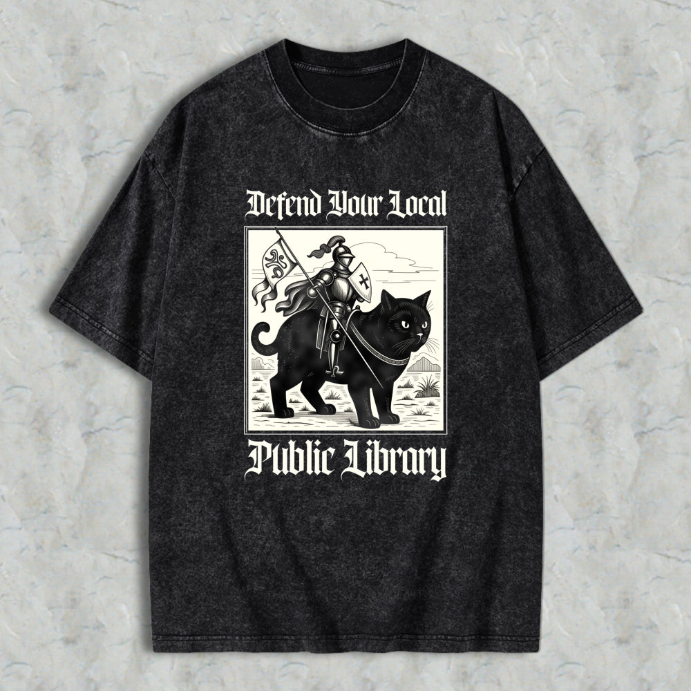 Wardrobecart Defend Your Local Public Library Cat Knight Unisex Washed T-shirt