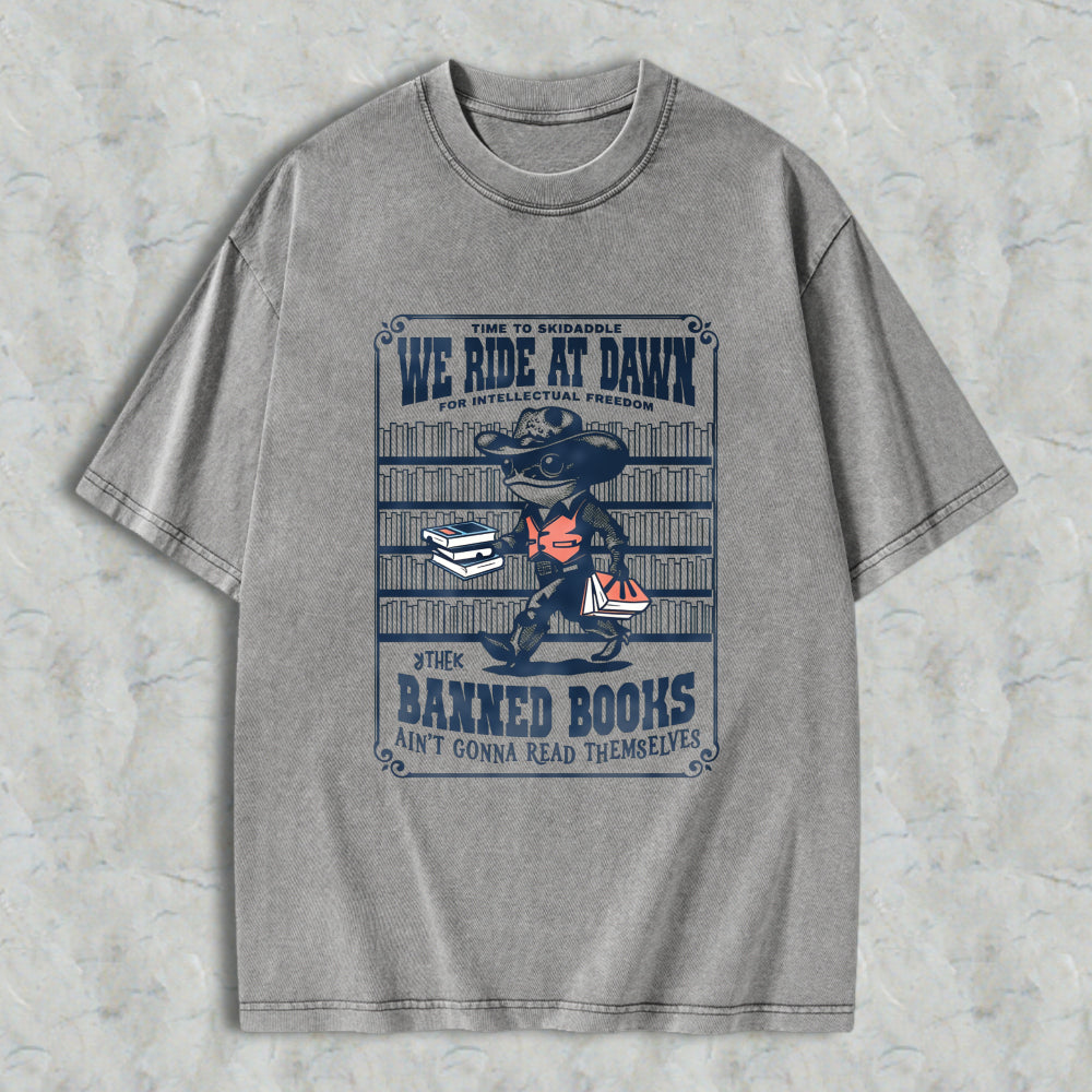 Wardrobecart We Ride At Dawn Baked Books Unisex Washed T-shirt