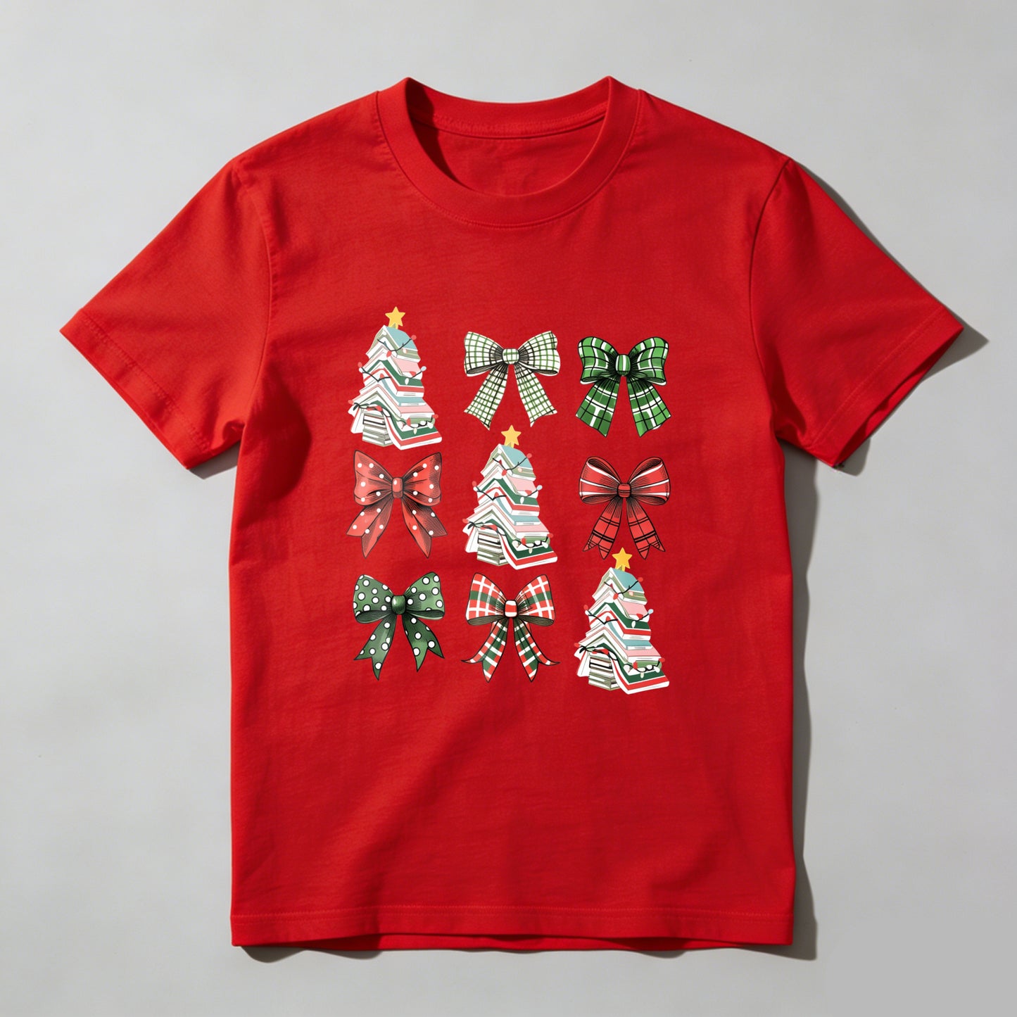 Wardrobecart Christmas Trees And Plaid Bows Pattern Unisex Classic T-shirt