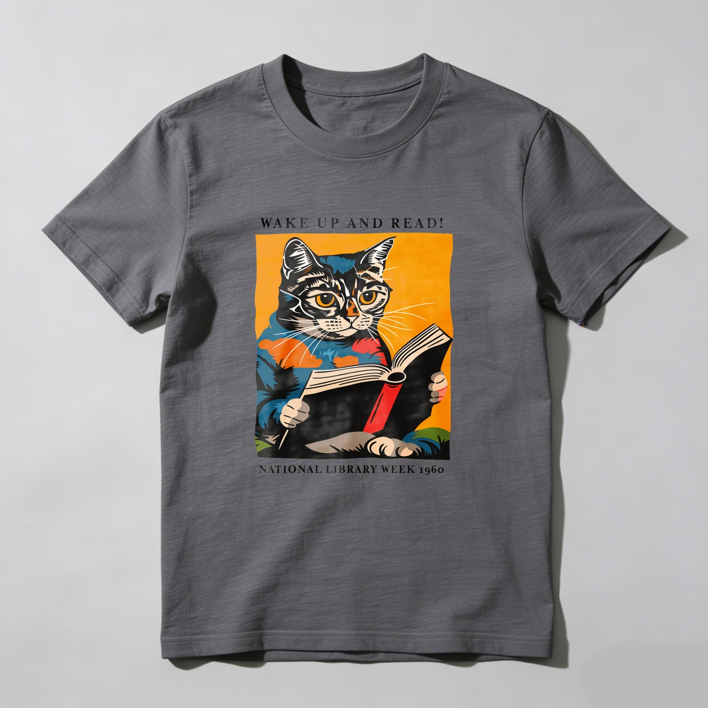 Wardrobecart Cat Reading Book With Text Wake Up And Read National Library Week 1960 Unisex Classic T-shirt 100% cotton