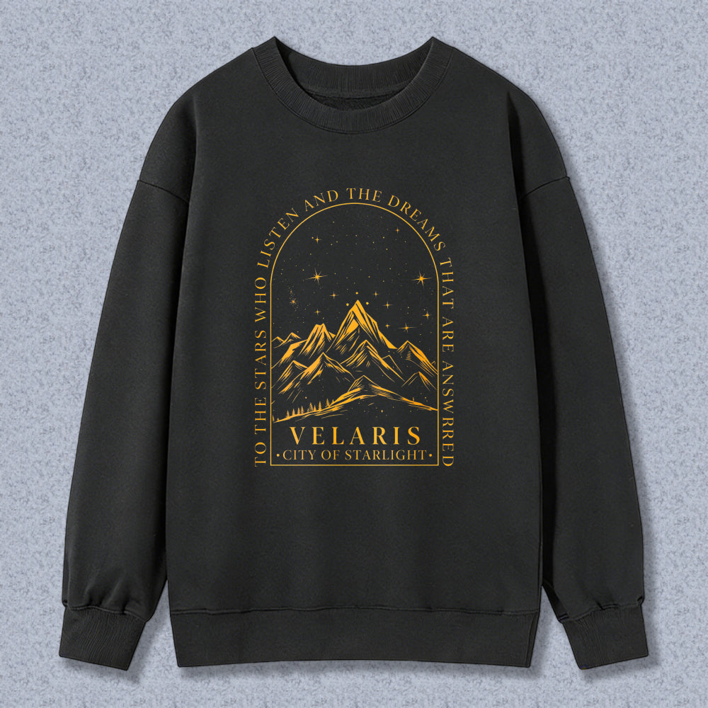 Wardrobecart Mountain Landscape With Stars And Text Velaris City Of Starlight Unisex Classic Sweatshirt