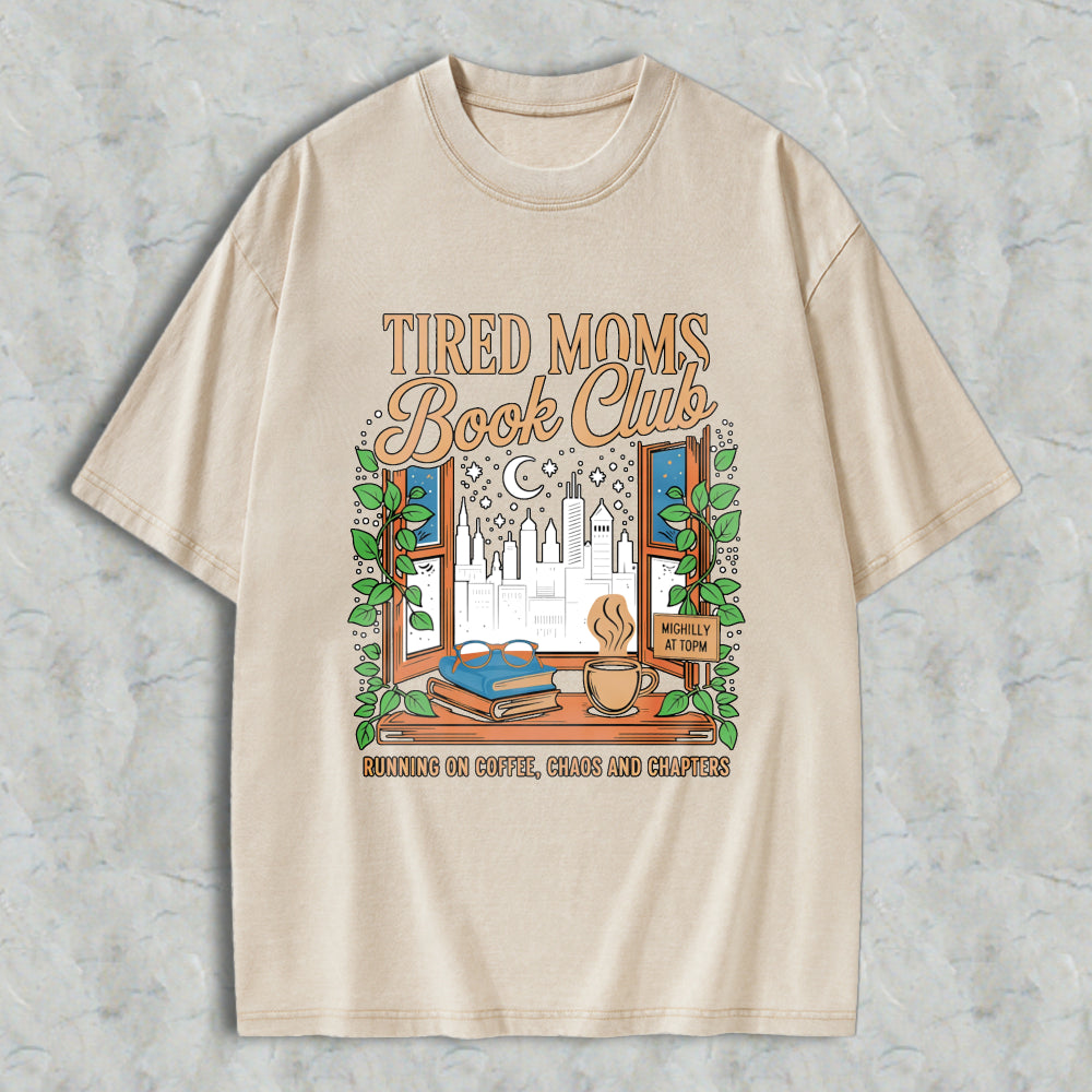Wardrobecart Tired Moms Book Club Window Scene With Books Coffee And City View Unisex Washed T-shirt