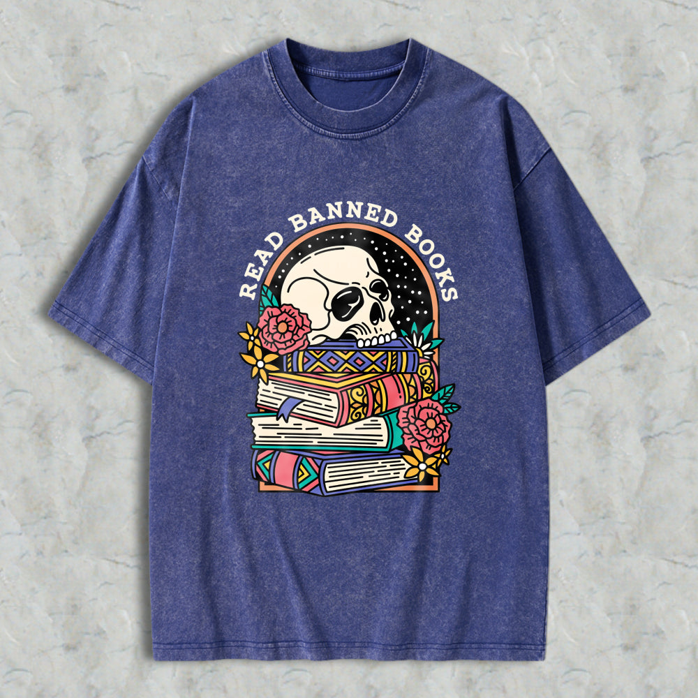Wardrobecart Skull And Books With Flowers Read Banned Books Unisex Washed T-shirt