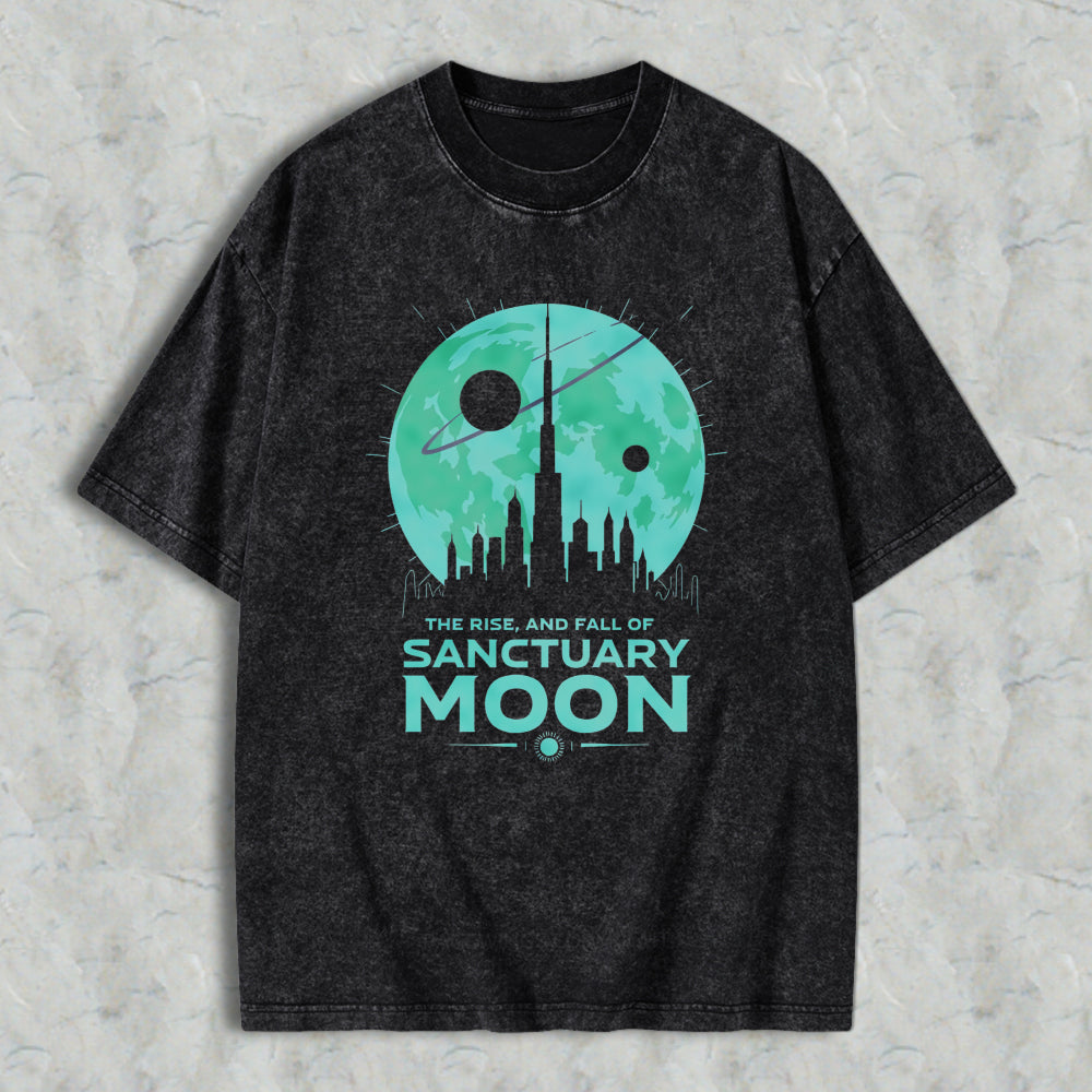 Wardrobecart Sanctuary Moon Cityscape With Planet And Satellite Design Unisex Washed T-shirt