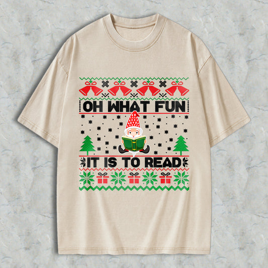 Wardrobecart Christmas Elf Reading Book With Trees And Gifts Pattern Unisex Washed T-shirt