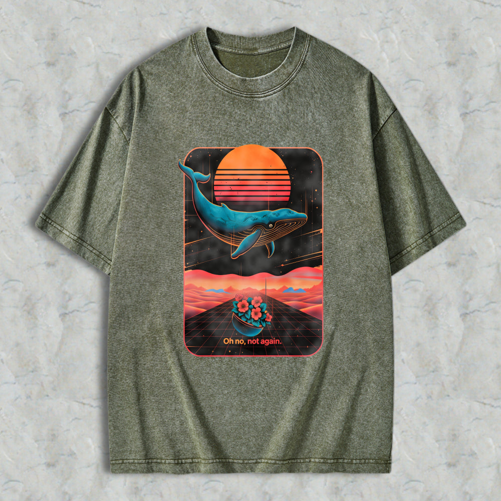 Wardrobecart Whale Sunset Landscape With Flowers And Text Oh No Not Again Unisex Washed T-shirt