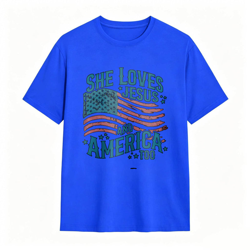 She Loves Jesus And America Too Women's Patriotic T-shirt