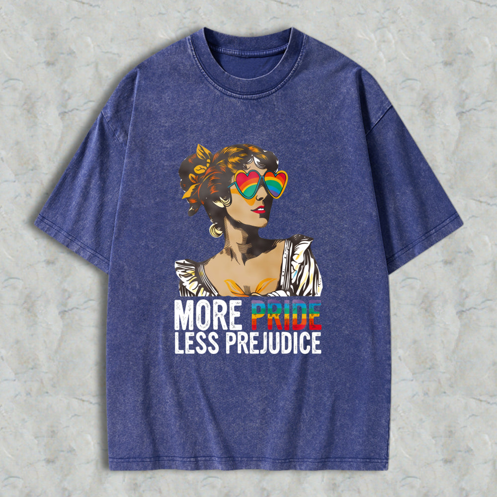 Wardrobecart Pride And Prejudice Parody With Rainbow Heart Sunglasses And Regency Style Woman More Pride Less Prejudice Unisex Washed T-shirt