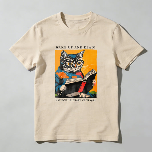 Wardrobecart Cat Reading Book With Text Wake Up And Read National Library Week 1960 Unisex Classic T-shirt 100% cotton