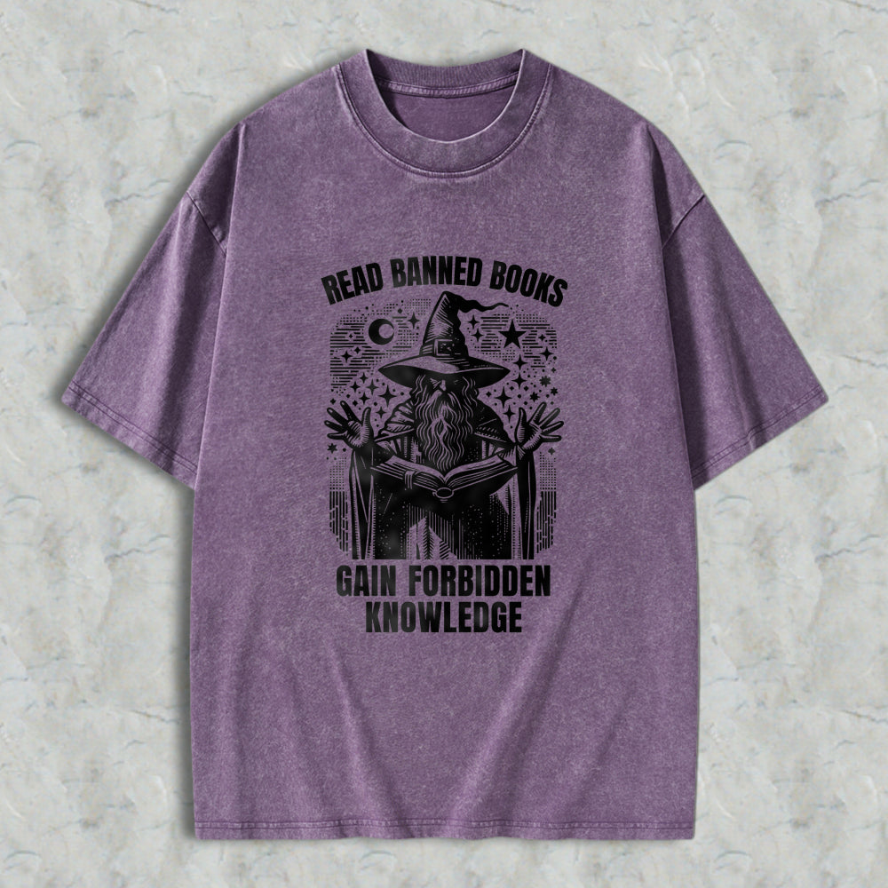 Wardrobecart Read Banned Books Gain Forbidden Knowledge Wizard With Open Book And Stars Unisex Washed T-shirt