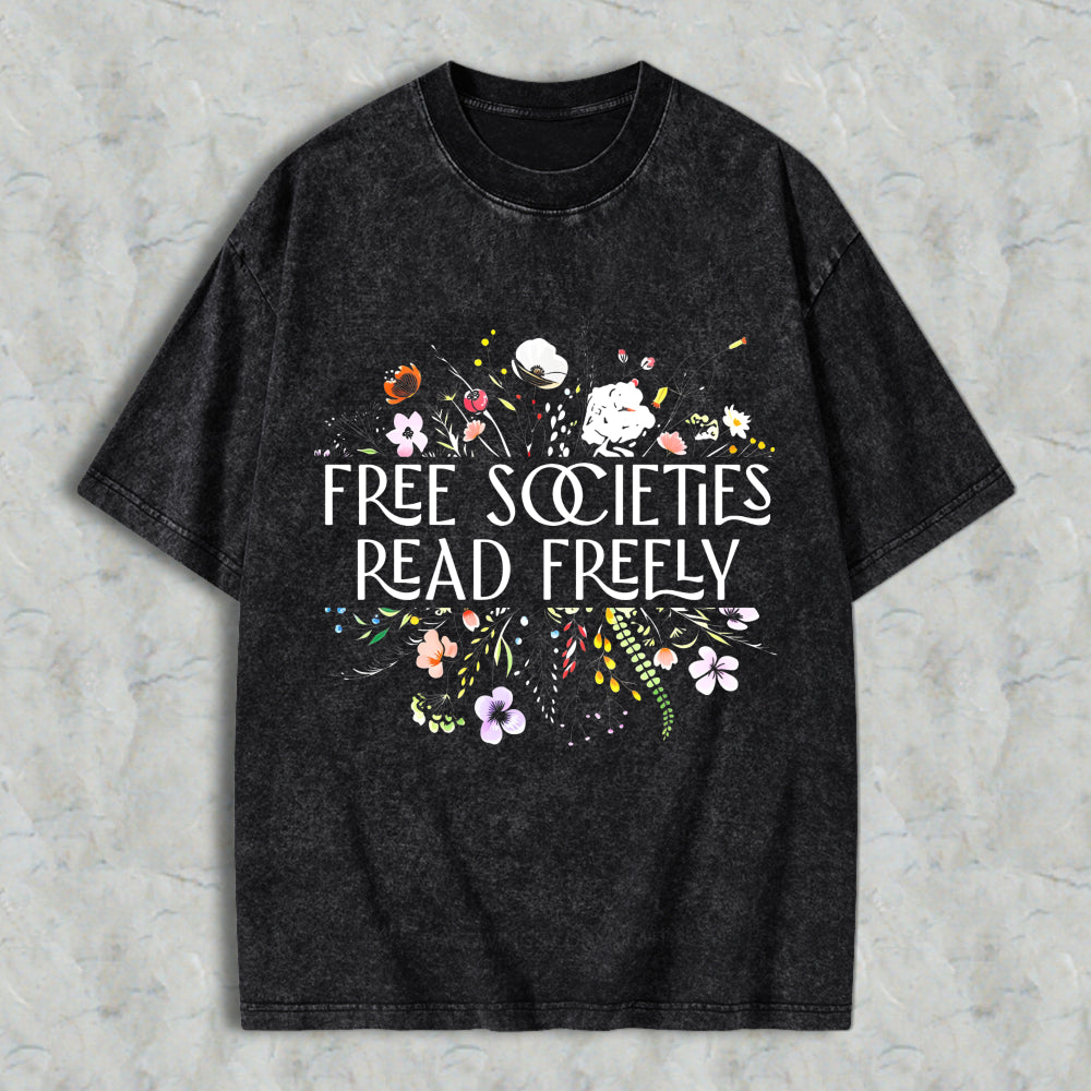 Wardrobecart Free Societies Read Freely Floral Design Unisex Washed T-shirt