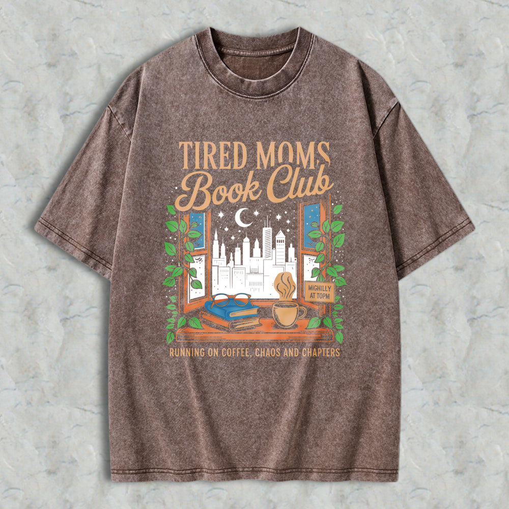 Wardrobecart Tired Moms Book Club Window Scene With Books Coffee And City View Unisex Washed T-shirt