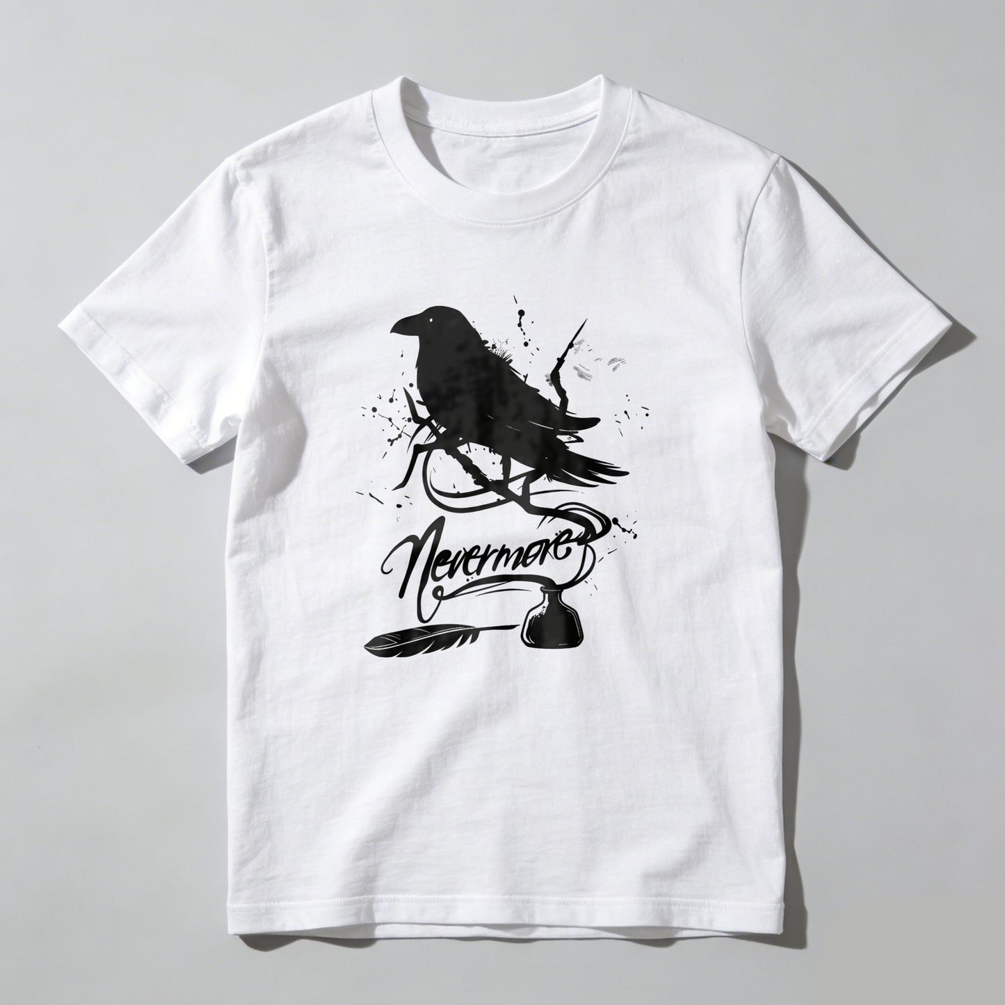 Wardrobecart White Raven Perched On Branch With Nevermore Text Unisex Classic T-shirt