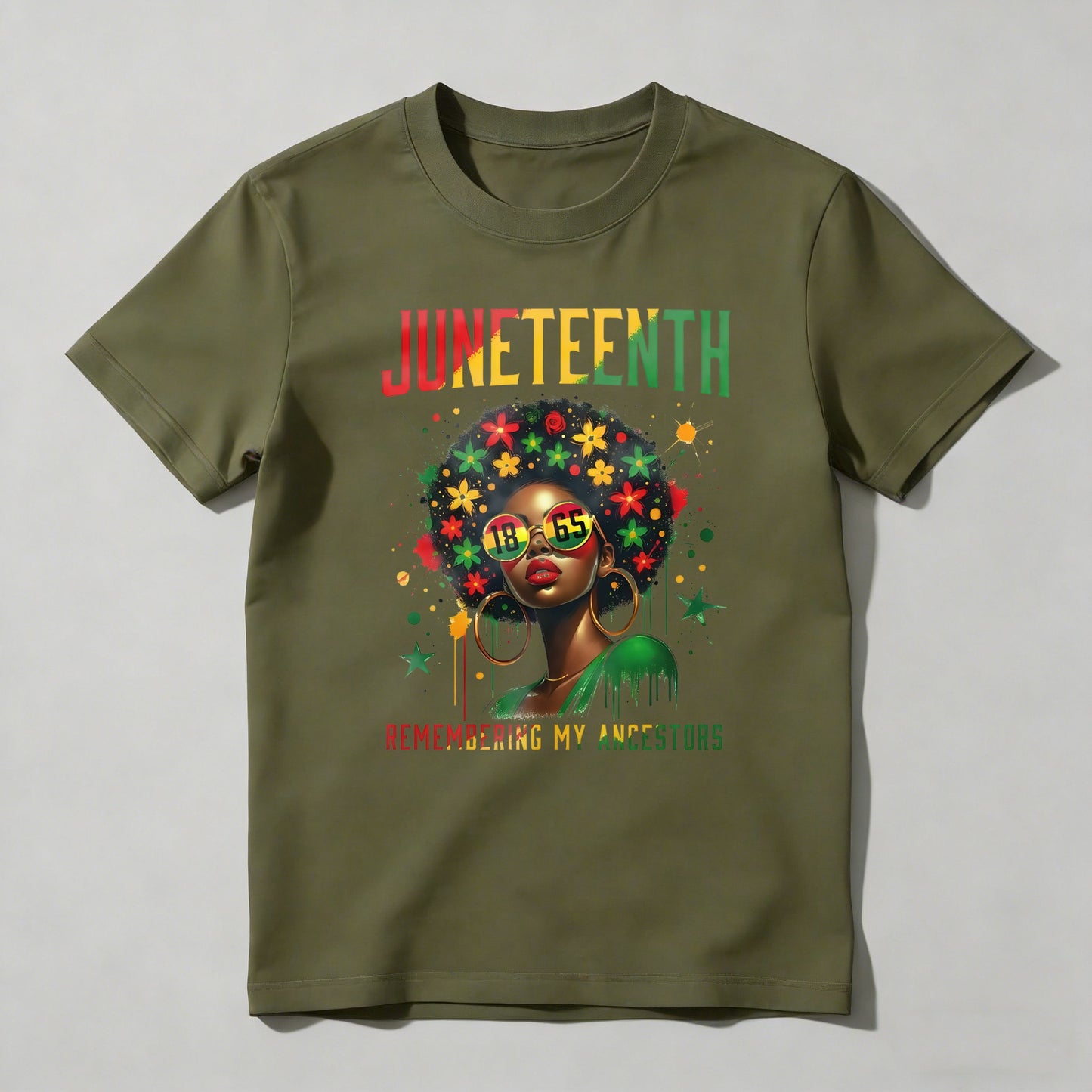 Juneteenth Celebration With Woman Wearing Sunglasses And Floral Hair Design Remembering My Ancestors T-shirt