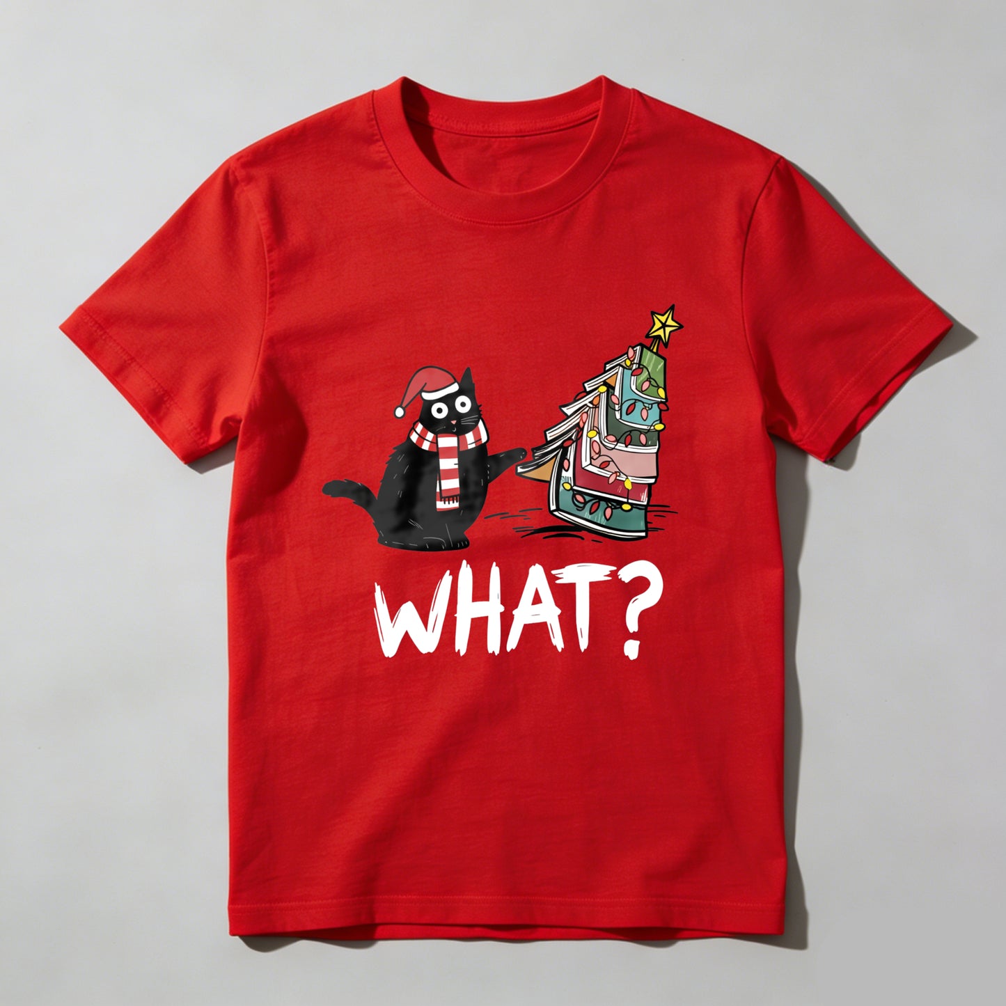 Wardrobecart Cat Wearing Santa Hat And Scarf   Christmas Tree Made Of Books   What Question Mark Below Unisex Classic T-shirt