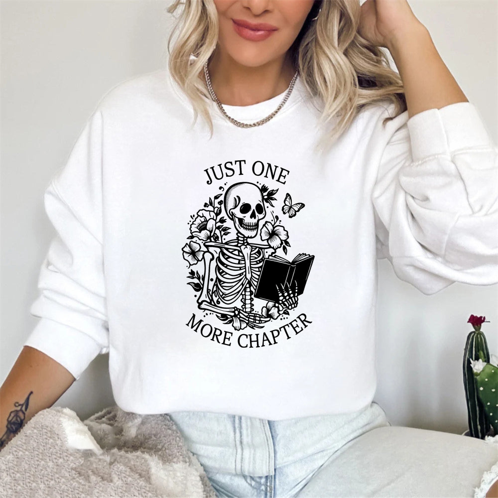 Wardrobecart Skeleton Reading Book With Flowers And Butterflies Just One More Chapter Unisex Classic Sweatshirt