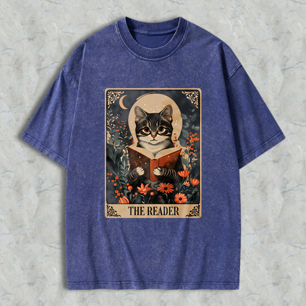 Wardrobecart Cat Reading Book With Flowers And Moon The Reader Unisex Washed T-shirt