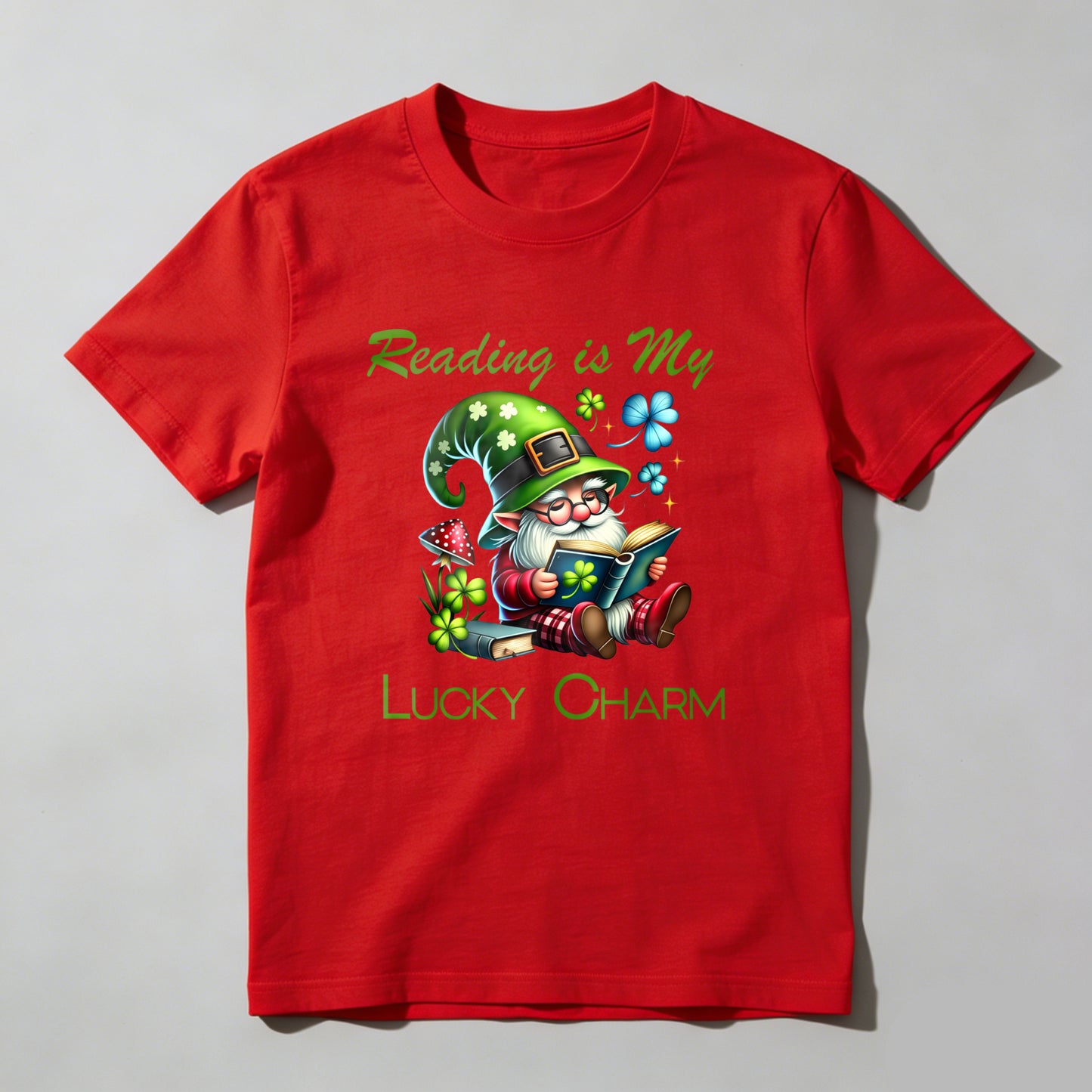 Wardrobecart Gnome Reading Book With Clover Hat Unisex Classic T-shirt