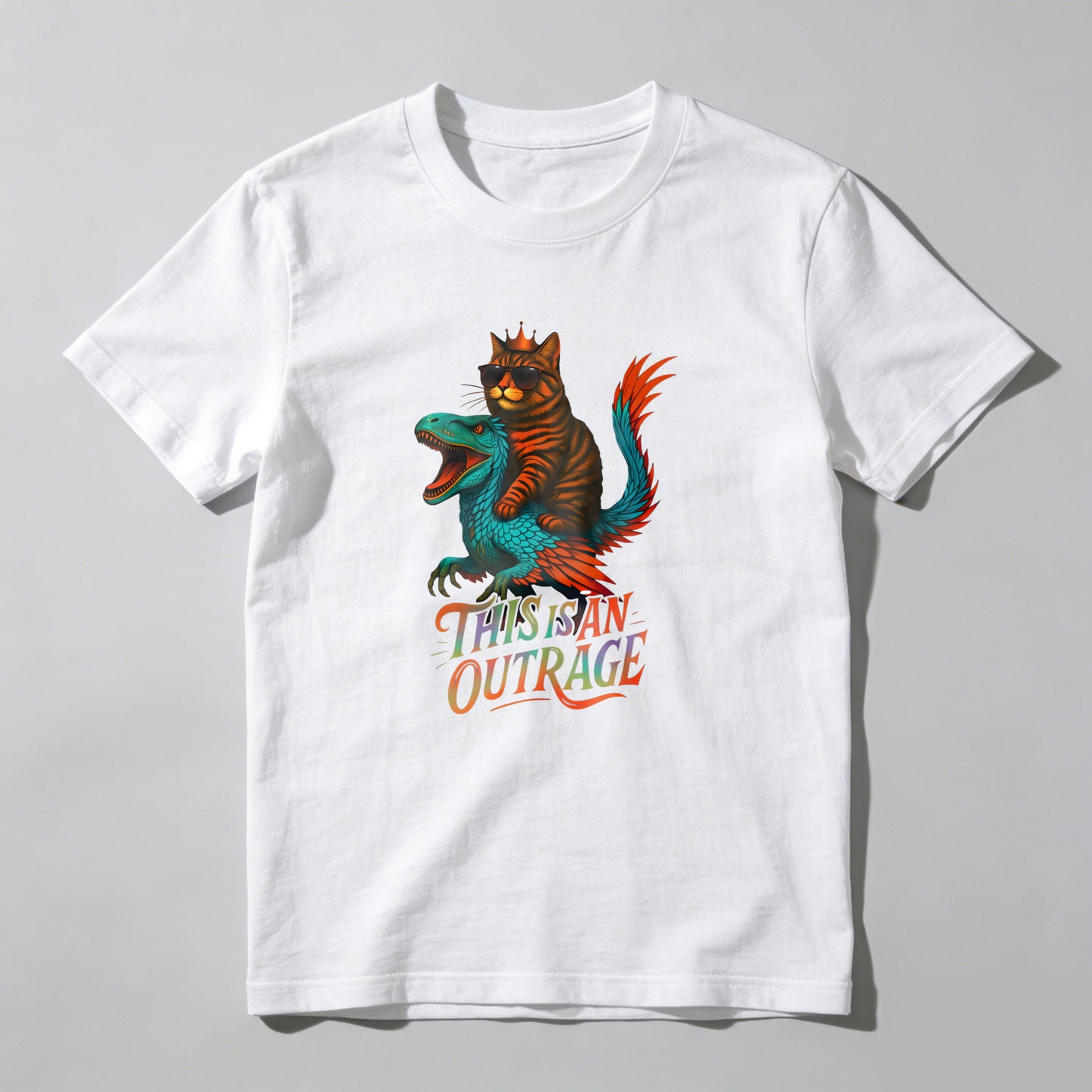Wardrobecart Cat Riding Dinosaur This Is An Outrage Unisex Classic T-shirt