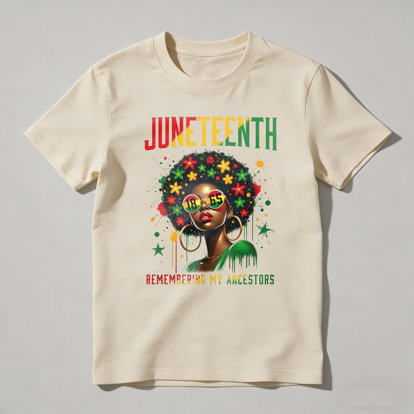 Juneteenth Celebration With Woman Wearing Sunglasses And Floral Hair Design Remembering My Ancestors T-shirt