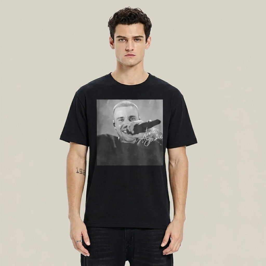 Justin Bieber Singing With Microphone Signature tshirt 100% cotton