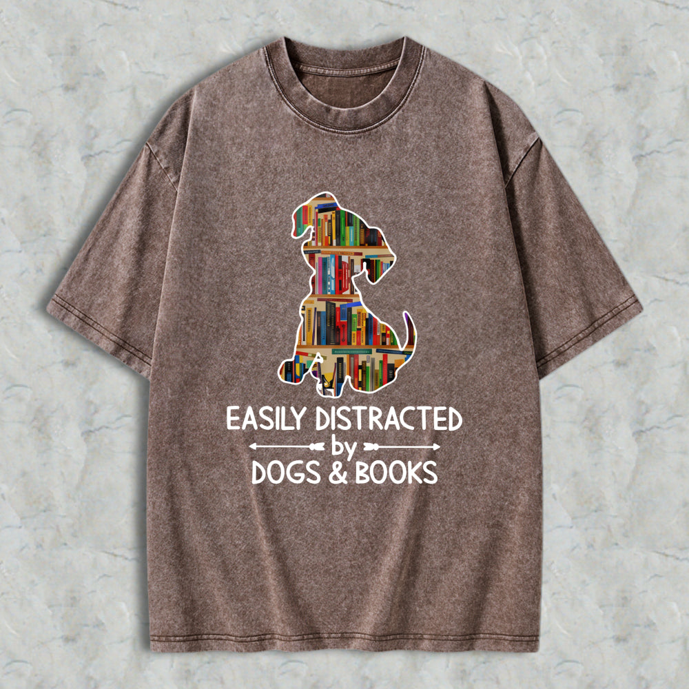 Wardrobecart Dog And Books Pattern Easily Distracted By Dogs And Books Unisex Washed T-shirt
